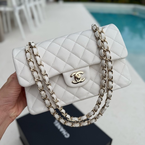 CHANEL Handbags - FULL SET White Chanel Caviar Small Classic Flap LGHW